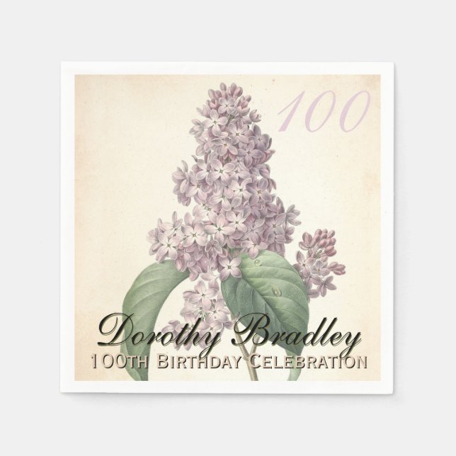 Servilleta De Papel Vintage Botanical Lilac 100th Birthday Party PN (Anverso)