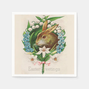 Servilleta De Papel Vintage Bunny Floral Wreath Easter Greetings