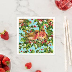 Servilleta De Papel Vintage Christmas Birds Holly Faux Gold Pattern