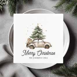 Servilleta De Papel Vintage Christmas Car Watercolor Tree Personalized