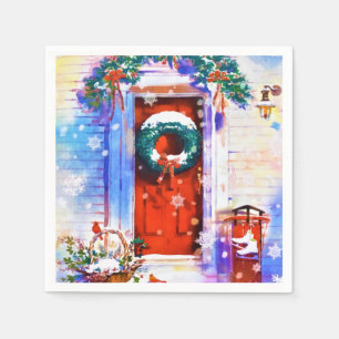 Servilleta De Papel Vintage Christmas invierno Red Home Door Watercolo