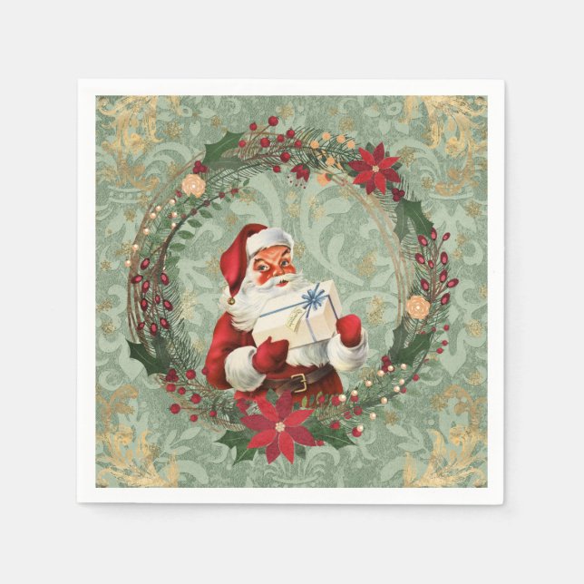Servilleta De Papel Vintage Christmas Santa and Wreath (Anverso)