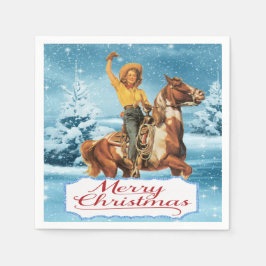 Servilleta De Papel Vintage Cowgirl En Caballo Invierno Feliz Navidad