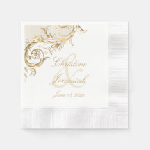 Vintage Gold Floral Damask Script White Boda