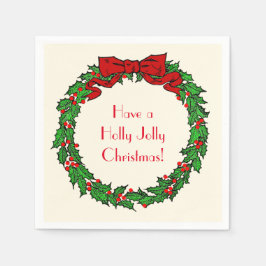 Servilleta De Papel Vintage Green Navidades Holly Wreath con rojo