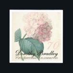 Servilleta De Papel Vintage Hydrangea 70th Birthday Party Paper<br><div class="desc">Papel de la celebración de cumpleaños número 70 del personalizable Napkin con acuarelas botánicas vintage de hidrangea rosa pálido de Pierre-Joseph Redouté. Puede cambiar fácilmente el color del texto, el tipo de letra, el tamaño y la posición haciendo clic en el botón personalizar.-Placa de papel coincidente, Invitación, libro de invitados...</div>