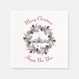 Servilleta De Papel Vintage Iglesia de Invierno con corona de Navidade