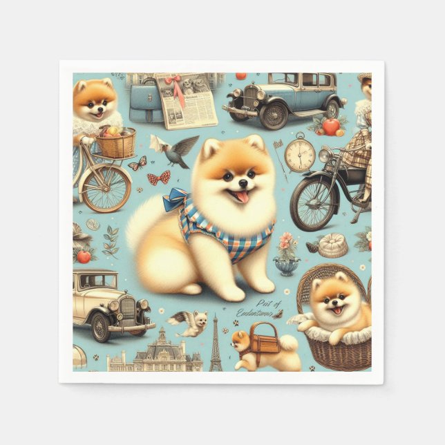 Servilleta De Papel Vintage Pomeranian Seamless Ilustracion (Anverso)