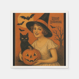 Servilleta De Papel Vintage/retro Feliz bruja de Halloween, gato, cala