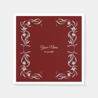 Servilleta De Papel Vintage Silver Floral Name Red Wedding Party