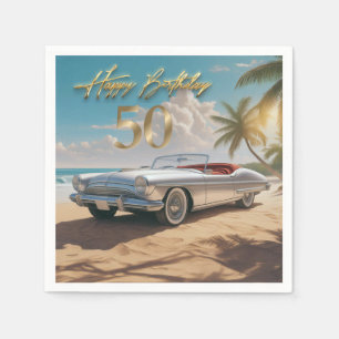 Servilleta De Papel Vintage Sports Car en una playa tropical Happy 50
