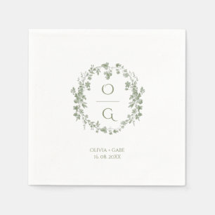 Servilleta De Papel Vintage Verde Salvia Floral Monograma Boda