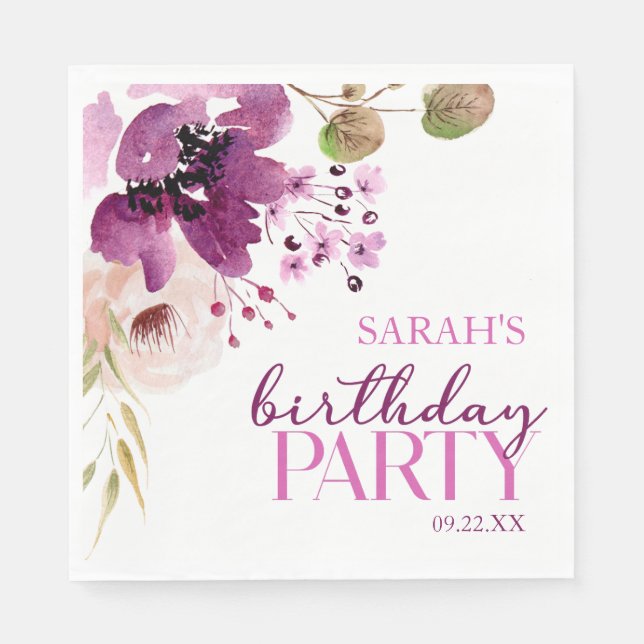 Servilleta De Papel Violet Magenta Purple Floral Birday Party (Anverso)