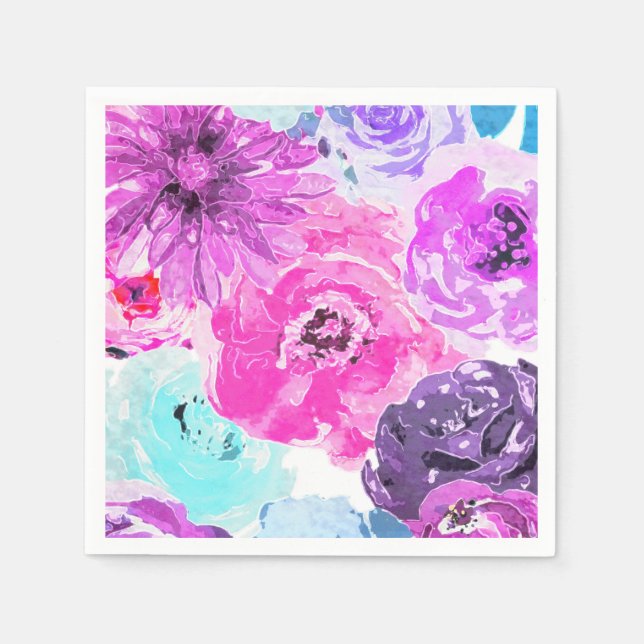 Servilleta De Papel Violeta Intenso Flores Florales Rosa Púrpura Chic (Anverso)