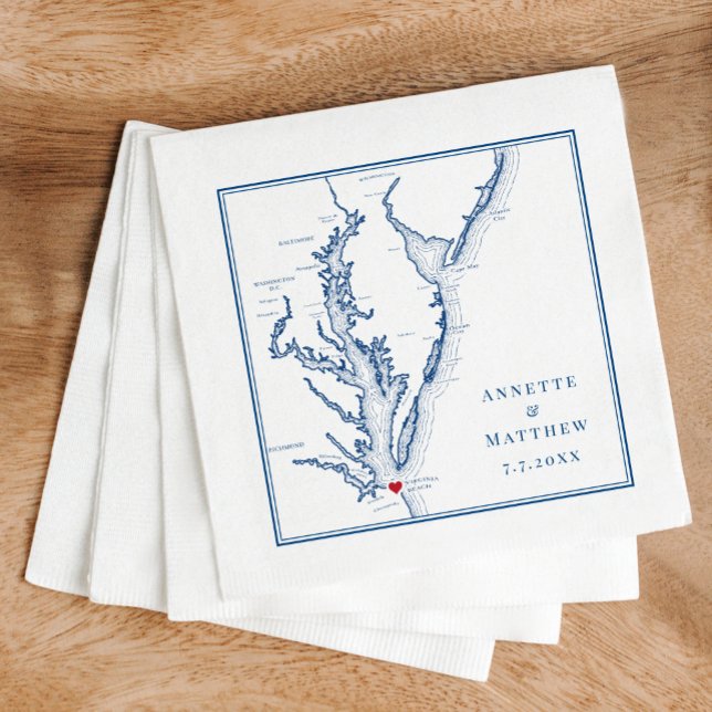 Servilleta De Papel Virginia Beach VA Elegant Navy Blue Map Boda (These Virginia Beach map cocktail napkins are perfect for your Chesapeake Bay destination wedding)