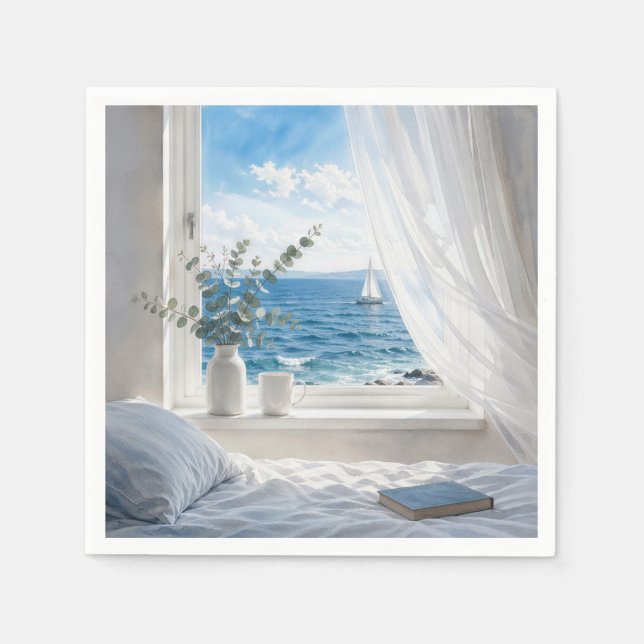 Servilleta De Papel Vista al océano en una ventana del dormitorio (Anverso)