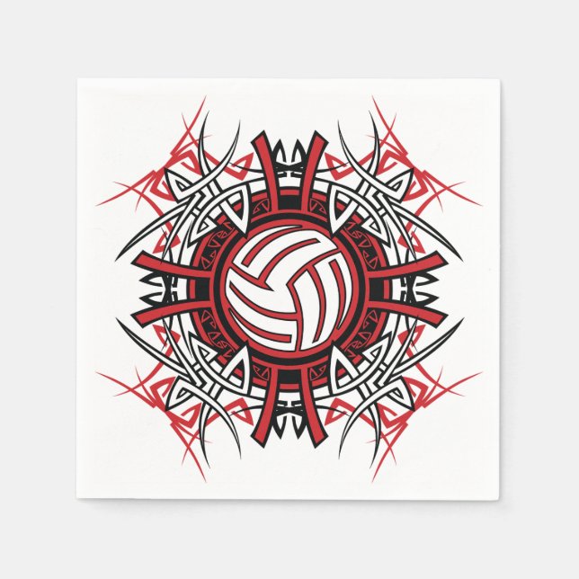Servilleta De Papel Voleibol tribal Mandala Deportes rojos y negros (Anverso)