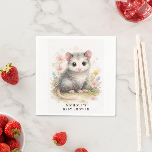 Servilleta De Papel Watercolor Baby Possum Baby Shower (In situ)