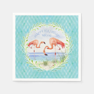 Servilleta De Papel Watercolor Beach Flamingo Feliz Cumpleaños Fiesta