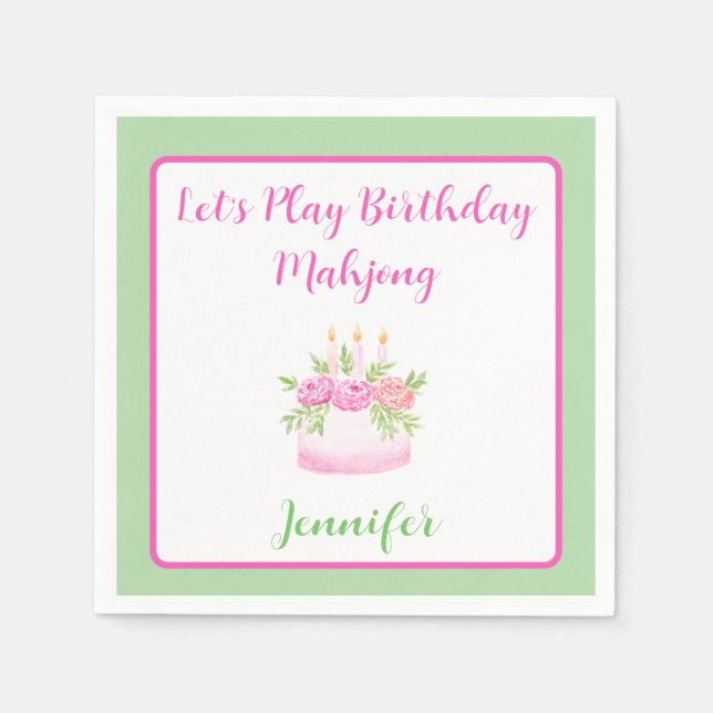 Servilleta De Papel Watercolor Birthday Cake Mahjong PERSONALIZE Green (Anverso)