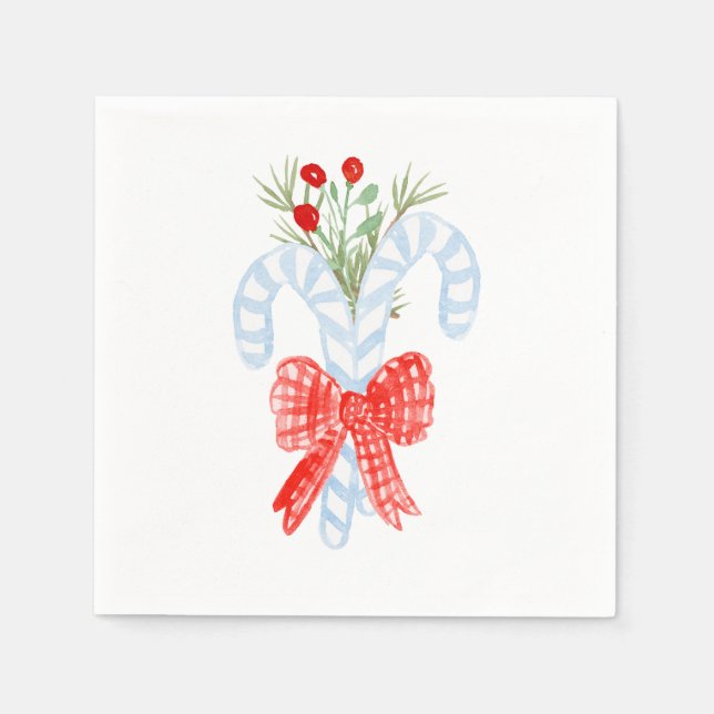 Servilleta De Papel Watercolor Blue Bow Candycane Cocktail Napkins (Anverso)