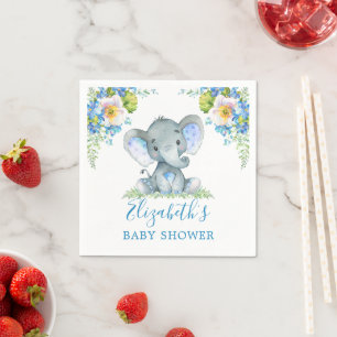 Servilleta De Papel Watercolor Blue Floral Baby Elephant Baby Shower