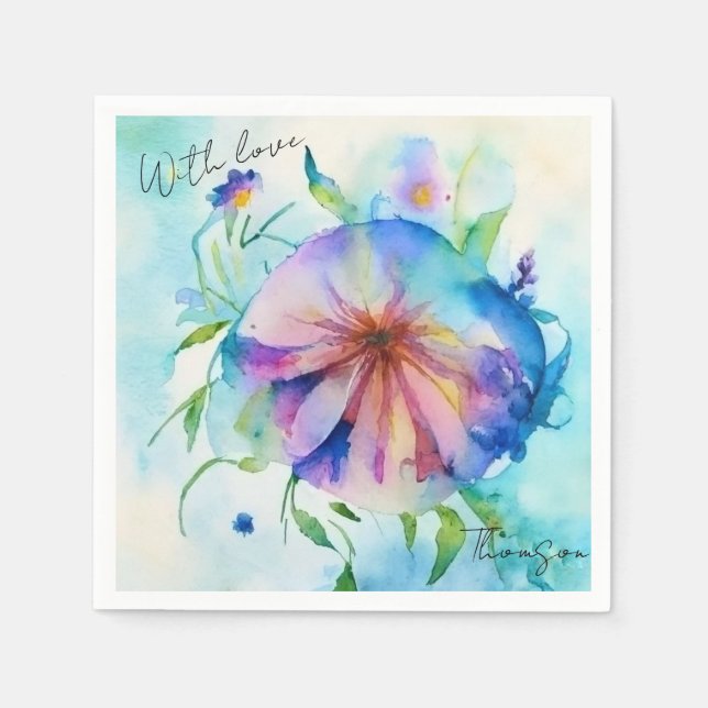 Servilleta De Papel Watercolor Blumen Fondo azul Wiese (Anverso)