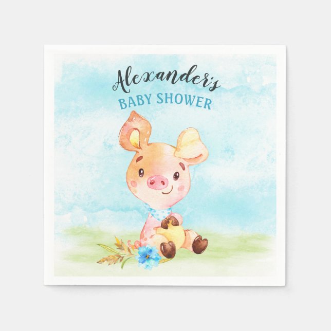 Servilleta De Papel Watercolor Boy Piggy Baby Shower Farm (Anverso)
