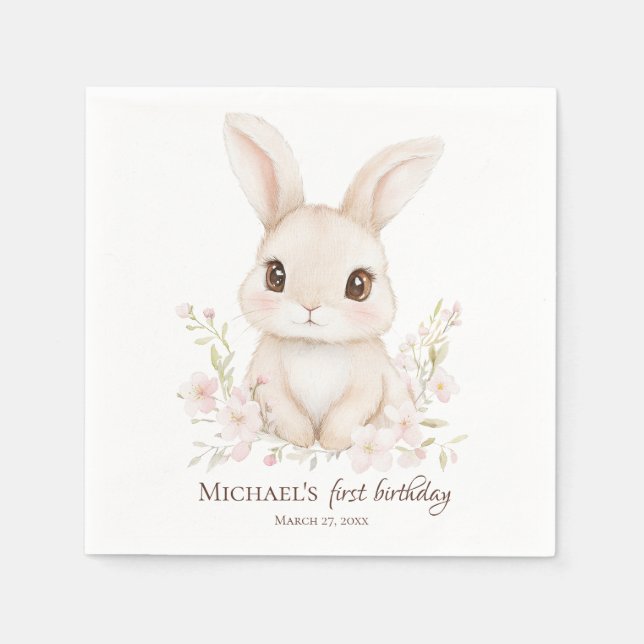 Servilleta De Papel Watercolor Bunny First Birthday Party Tableware (Anverso)