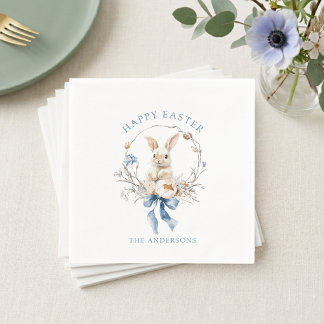 Servilleta De Papel Watercolor Bunny Flowers Blue Bow Spring Easter