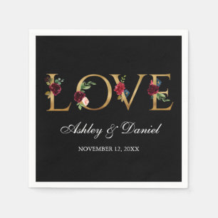 Servilleta De Papel Watercolor Burgundy Floral Black Gold Love Boda