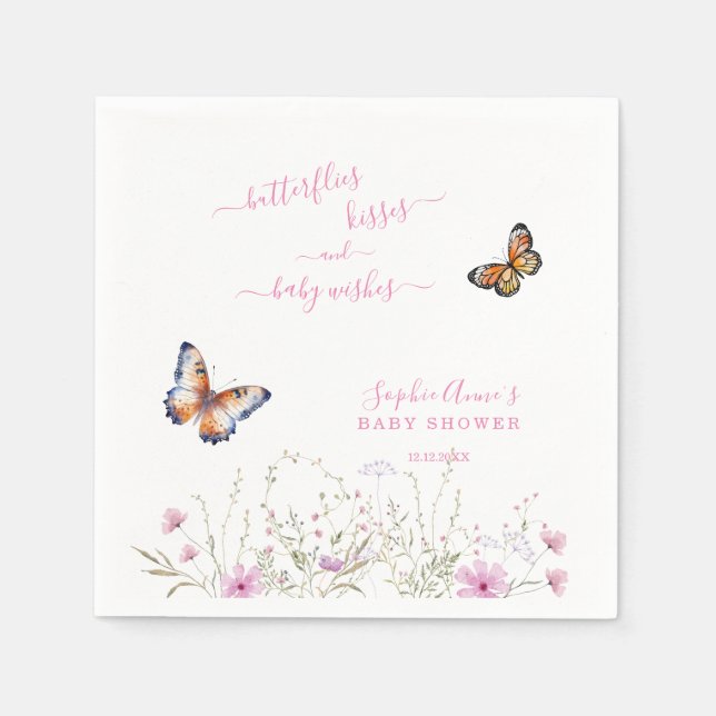 Servilleta De Papel Watercolor Butterfly Wildflowers Baby Shower (Anverso)
