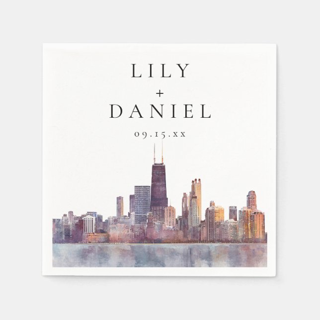 Servilleta De Papel Watercolor Chicago Skyline Destination Wedding (Anverso)