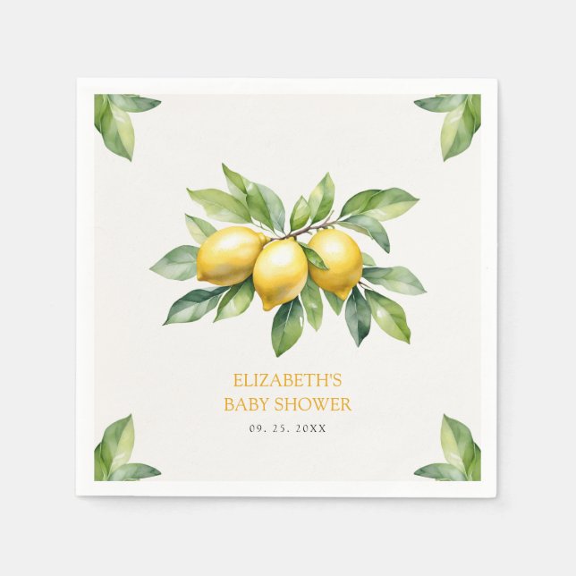 Servilleta De Papel Watercolor Citrus Lemon Baby Shower (Anverso)