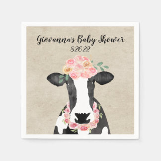 Servilleta De Papel Watercolor Cow Floral Crown Farm Chica Baby Shower