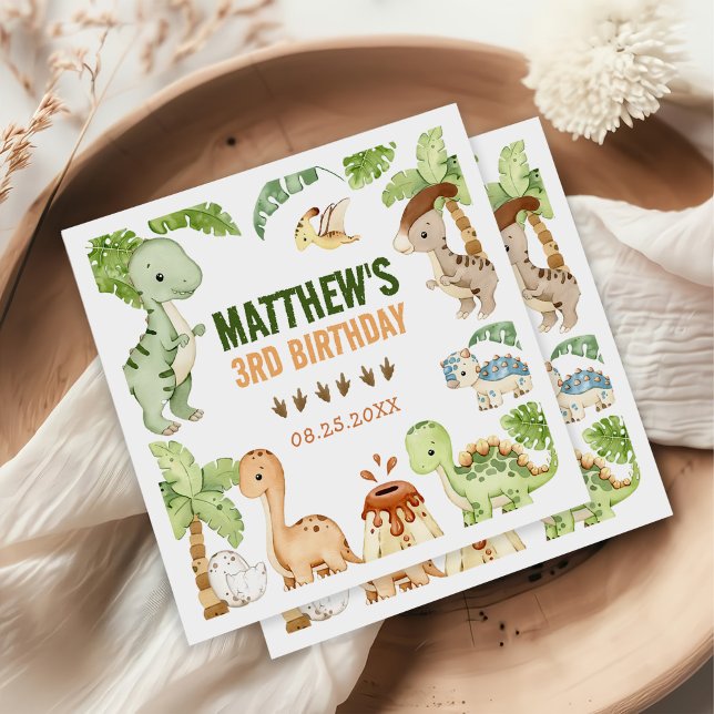 Servilleta De Papel Watercolor Cute Dinosaur Greenery Tercer Cumpleaño (Subido por el creador)