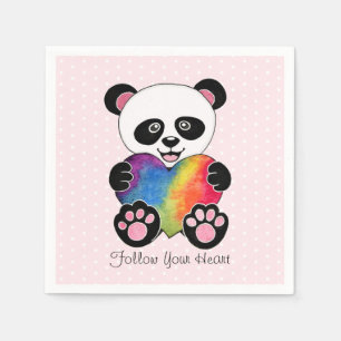 Servilleta De Papel Watercolor Cute Panda Con Corazón Arcoiris