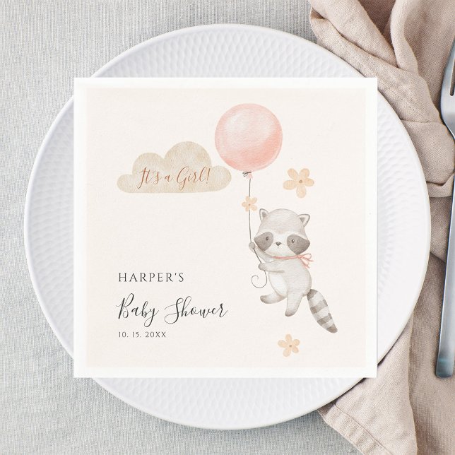 Servilleta De Papel Watercolor Cute Raccoon Flying Balloon Baby Shower (Subido por el creador)