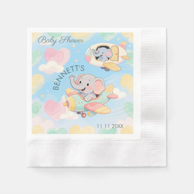 Servilleta De Papel Watercolor Elephant Airplane Baby Shower Napkin (Anverso)