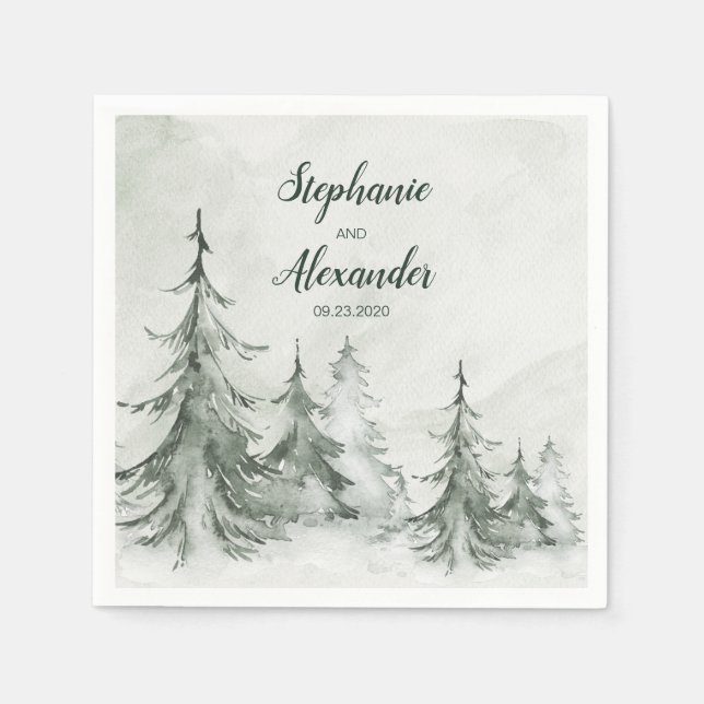 Servilleta De Papel Watercolor Fir Trees Boda de Invierno (Anverso)