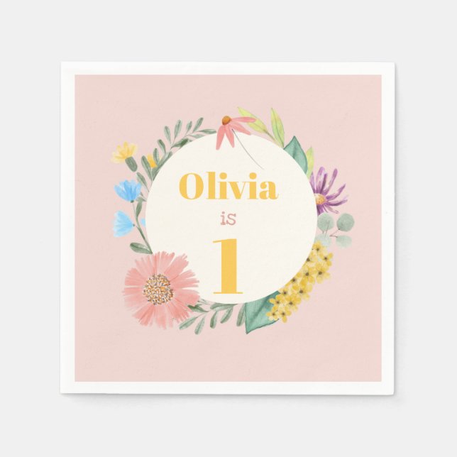 Servilleta De Papel Watercolor Flor silvestre Primera Cumpleaños (Anverso)