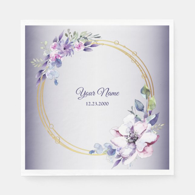 Servilleta De Papel Watercolor Floral Geometric Golden Purple Wedding (Anverso)