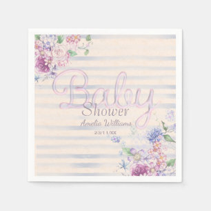 Servilleta De Papel Watercolor Floral rosa y Stripes Chica Baby Shower