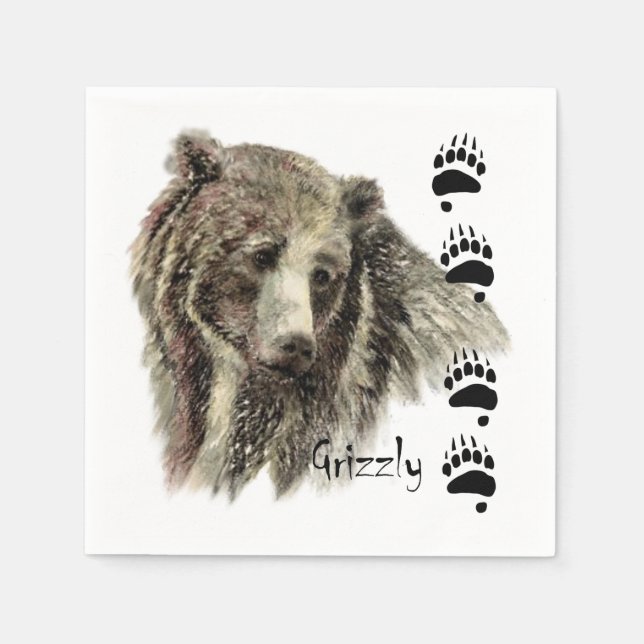 Servilleta De Papel Watercolor Grizzly Bear Wildlife Nature Art (Anverso)