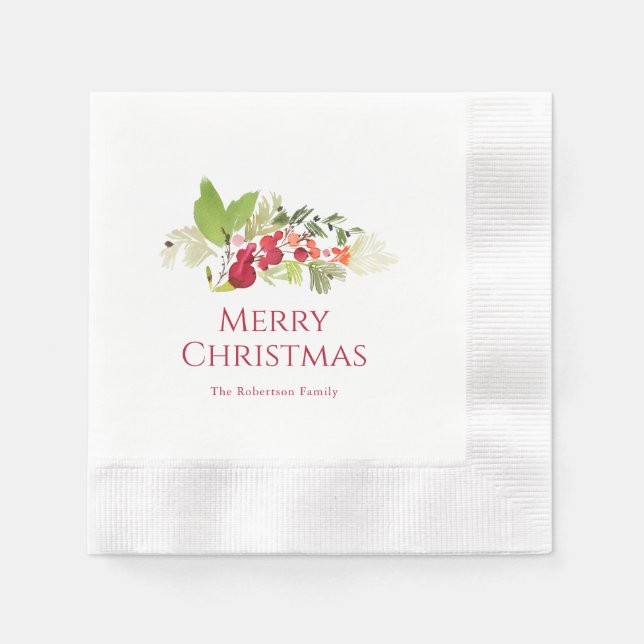 Servilleta De Papel Watercolor Holly Berry Christmas (Anverso)