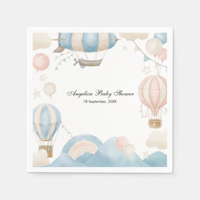 Servilleta De Papel Watercolor Hot Air Balloon Baby Shower (Anverso)