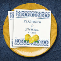Watercolor Lemon Boda de mosaico azul italiano