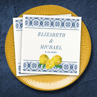Servilleta De Papel Watercolor Lemon Boda de mosaico azul italiano