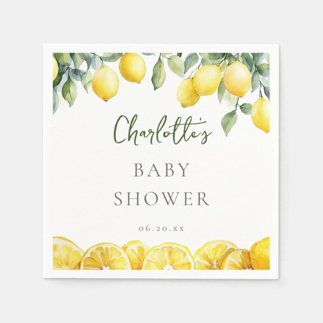 Servilleta De Papel Watercolor Lemon Citrus Baby Shower (Anverso)