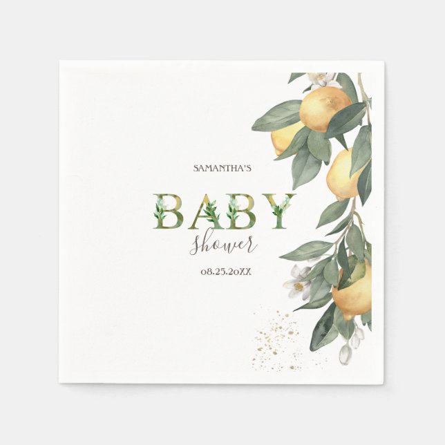 Servilleta De Papel Watercolor Lemons Green Baby Shower (Anverso)